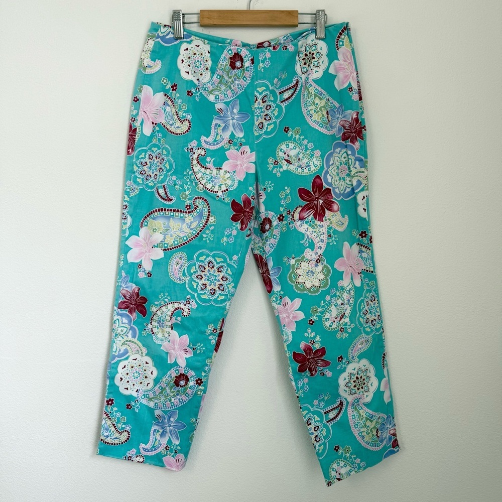 Boston Proper Floral Teal Pull On Cotton Pants Womens Size 10 Casual